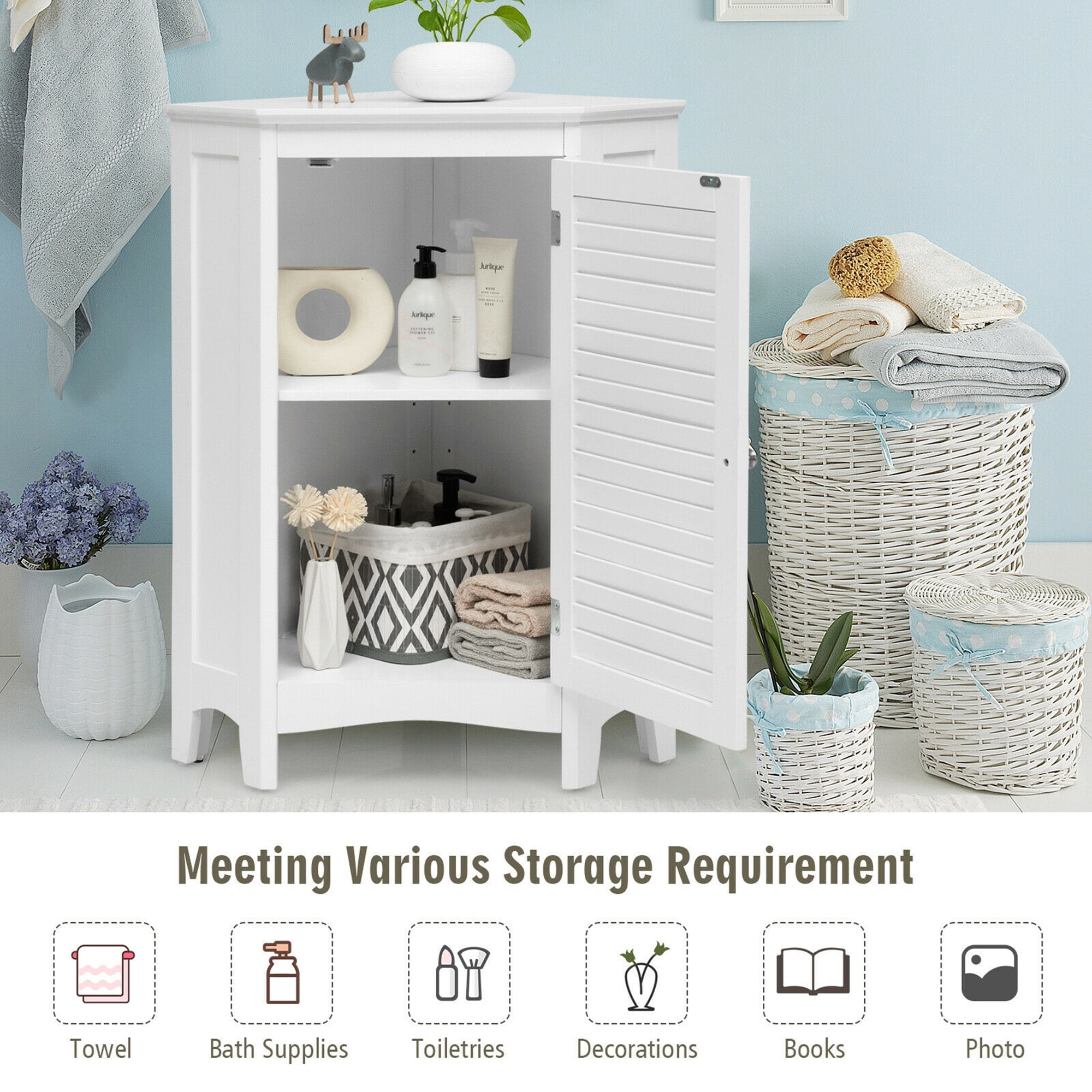 Gymax Corner Storage Cabinet Free Standing Bathroom Cabinet w/ Shutter Door