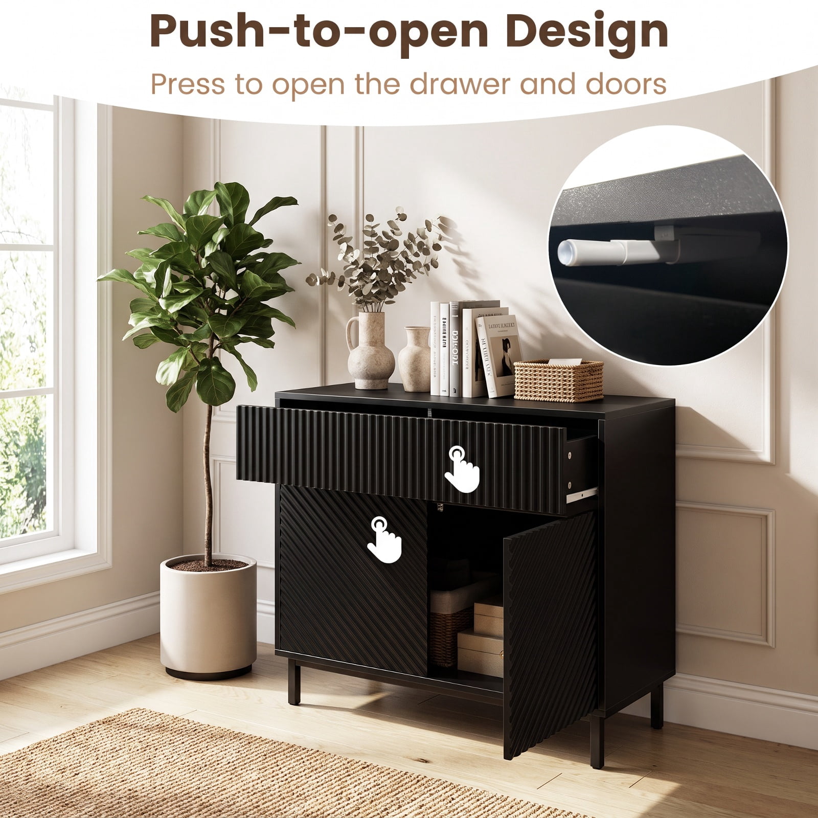 Furnibear 32" Wide Buffet Cabinet with 2 Doors and 1 Drawer for Kitchen for Kitchen Dining Living Room Buffet Storage Server, Black