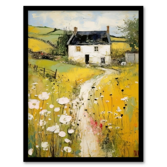 Welsh Countryside Cottage Rolling Hills And Wildflowers Bright Oil Painting Art Print Framed Poster Wall Decor 12x16 inch