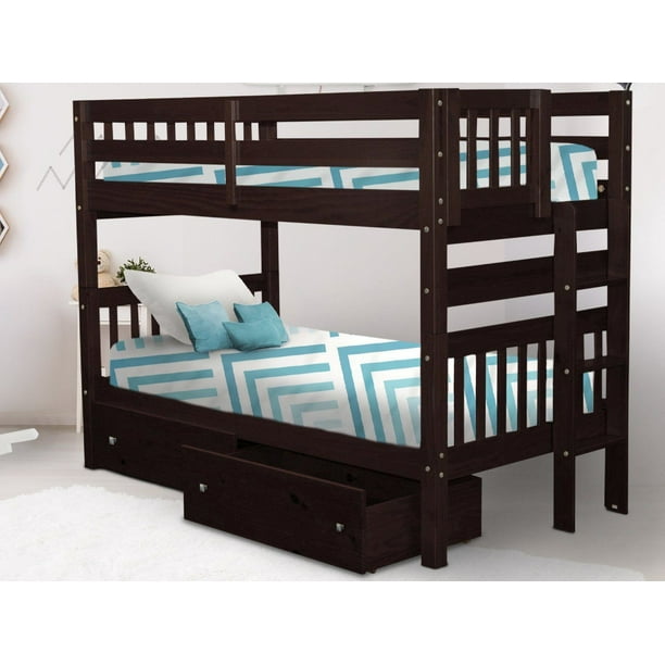 Bedz King Bunk Beds Twin over Twin with End Ladder and 2 Under Bed