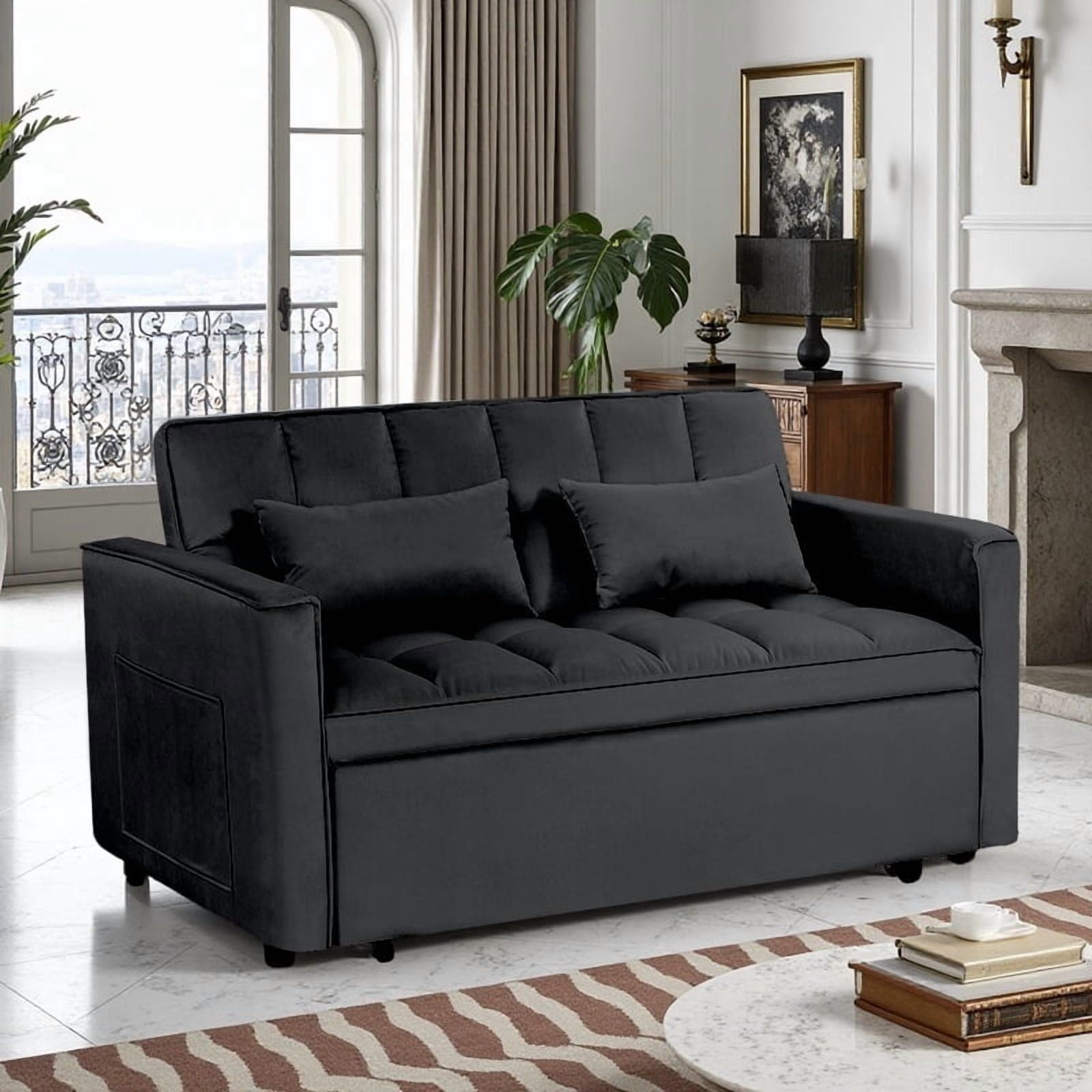 Gewnee 54" Velvet Upholstered Pull Out Sleeper Loveseat for Home,Office,Guest Room.Black