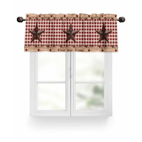 Red Plaid Vintage Country Star Kitchen Valances for Windows Farmhouse Wood Texture Valance Curtains  for Kitchen /Living Room/Bedroom/ Bathroom Decor, 42"x12 " ,Rod Pocket 1 Panel,
