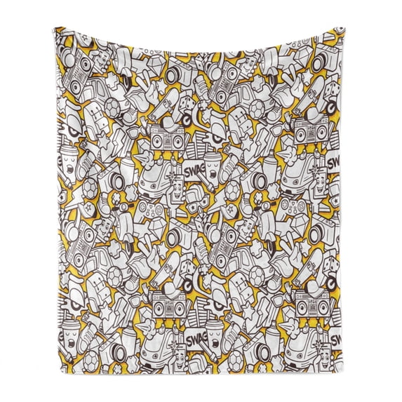 Crazy Soft Flannel Fleece Throw Blanket, Modern Urban Art Graffiti Style Doodle Motifs Train Thunder and Game Console, Cozy Plush for Indoor and Outdoor Use, 60" x 80", Yellow and Brown, by Ambesonne