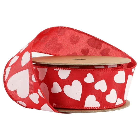 LaRibbons Wired Ribbon Red w/ Multi Size White Hearts, 10 Yard Roll