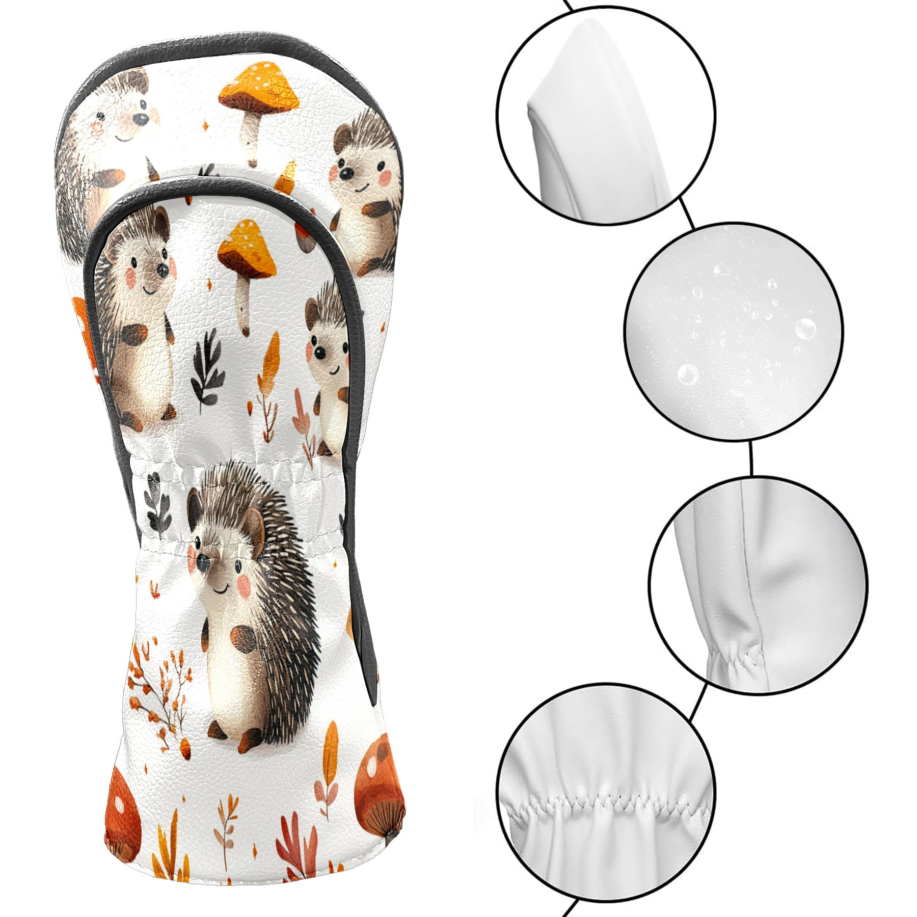 Golf Club Head Covers - Hedgehog Brown Design, Premium PU Leather Driver Hybrid Headcovers with Velvet Lining, Waterproof Golf Gifts for Men Women