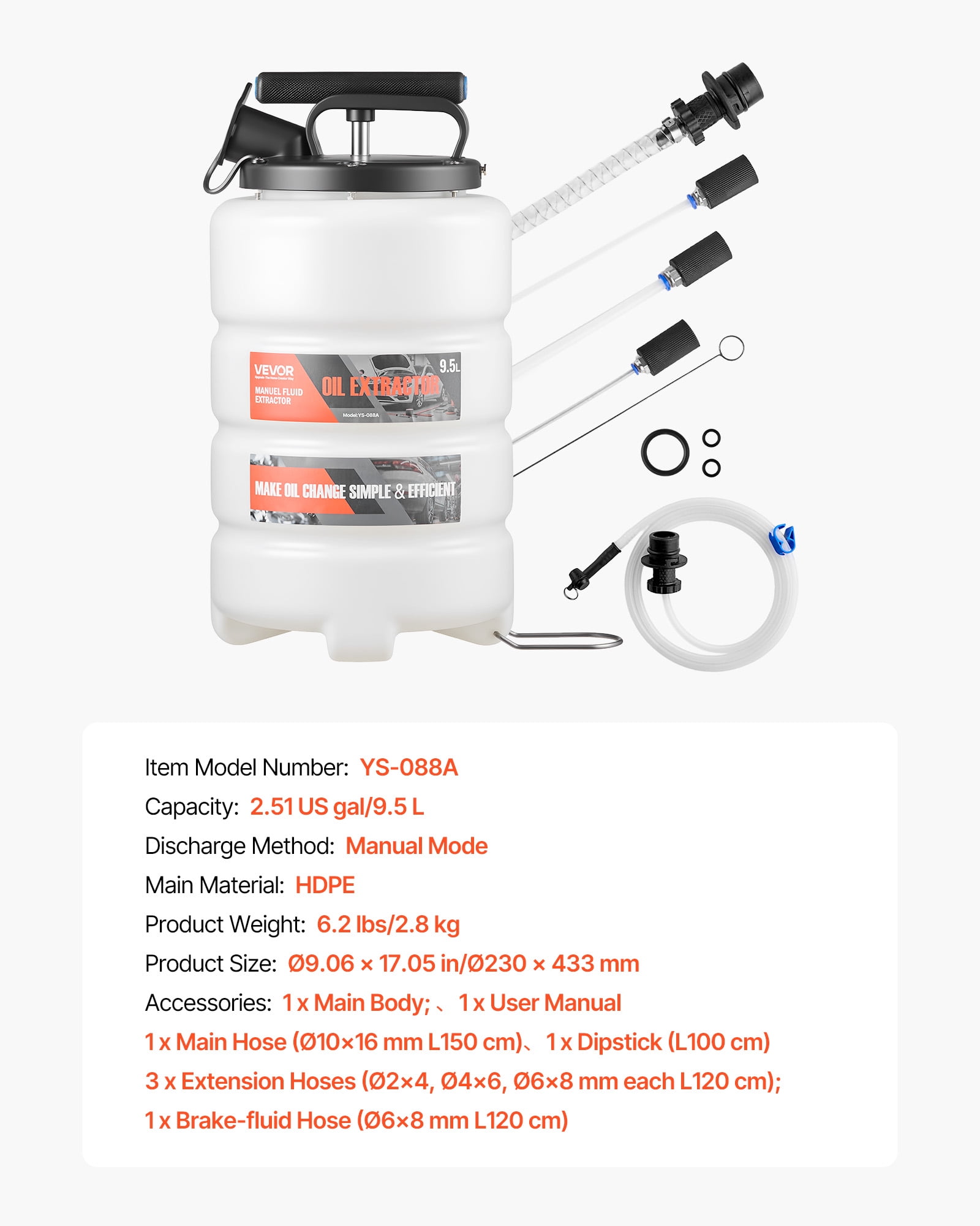 VEVOR Fluid Extractor, 9.5 L Capacity, Manual Vacuum Oil Extractor Pump with 59 in Long Horse & Three 47 in Extension Tubes, Oil Change Pump with HDPE Tank for Cars, Lawn Mowers, Boats, Motorcycles