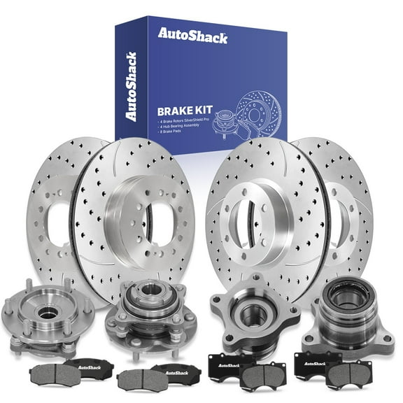 AutoShack Front Vented & Rear Vented Drilled & Slotted Silver Zinc Coated Brake Rotors   Ceramic Pads   Hub Bearing Assembly 16-PC Brake Kit Replacement for 2003-2009 Toyota 4Runner SilverShield Pro