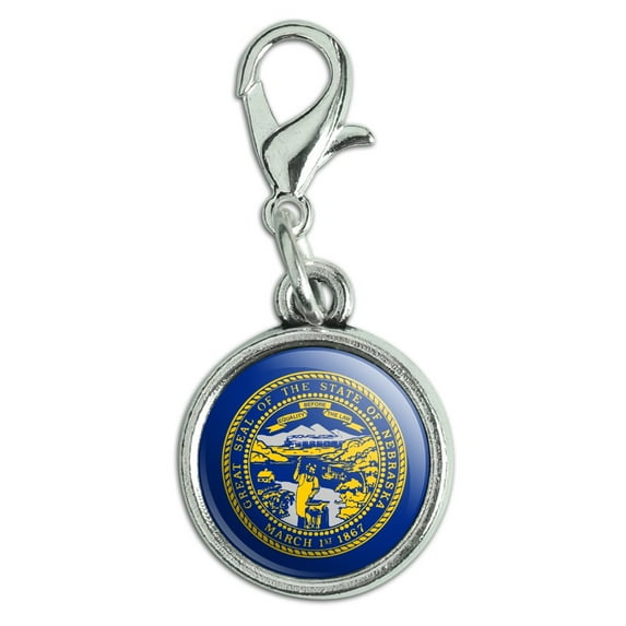 Nebraska State Flag Antiqued Bracelet Pendant Zipper Pull Charm with Lobster Clasp