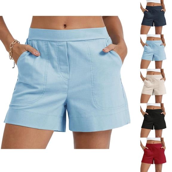 Linen Blend Shorts for Women Mid Waist Breathable Tailored Short Pants Wide Leg Lightweight Side Pocket Pants, #02 Light Blue, M