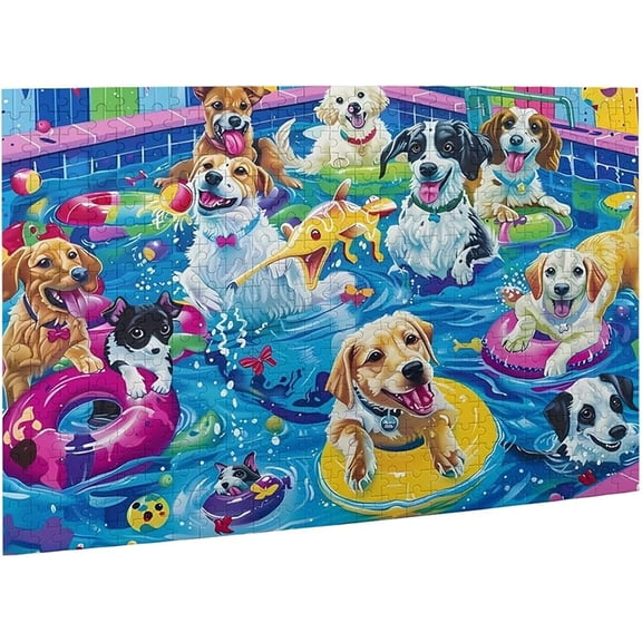Puzzles for Adults 500 Pieces Jigsaw Puzzles Puppy Pool Party Summer Swimming Dog Formation Wooden to Explore and Enjoy Gifts Home Decoration Wall Art