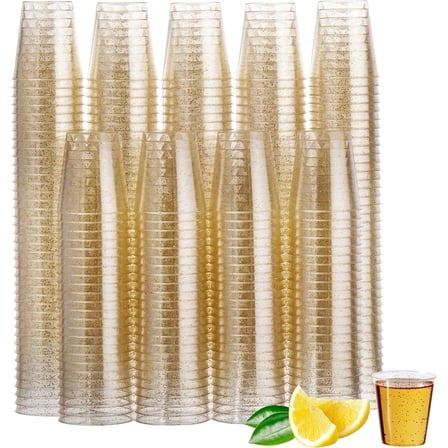 MATANA 150 Reusable Glitter Gold Plastic Shot Glasses for Party, Tastings, Mini Liquor & Sample Cup, 1oz