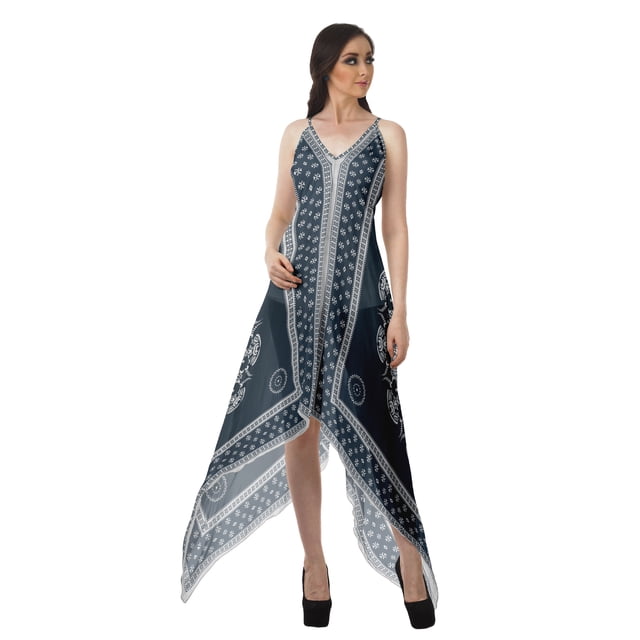 Moomaya Robe à Col en V Imprimée Robes Mouchoirs pour Femmes Robe de Soirée Bohème