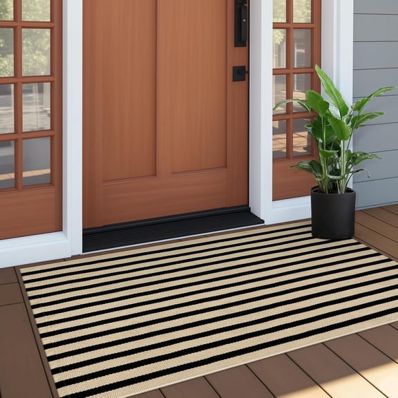 Outdoor Porch Rug Front Door Mat 24"x51", Washable Black and Tan Striped Outdoor Rugs Front Door Rugs Cotton Woven Kitchen Rugs Small Area Rugs for Entryway/Patio/Entry/Outside Entrance Decor