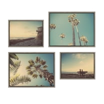 Kate and Laurel Sylvie House on Beach, Palm Trees in Lajolla, Palm Tree Sunburst and Surfers Framed Canvas Wall Art Set by Saint and Sailor Studios, 4 Piece Set Gray, Coastal Beach Art for Wall