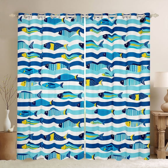 Manfei Artistic Fish Blackout Curtains, Sea Striped Window Curtains Pack of 2 (38x45 Each), Blue