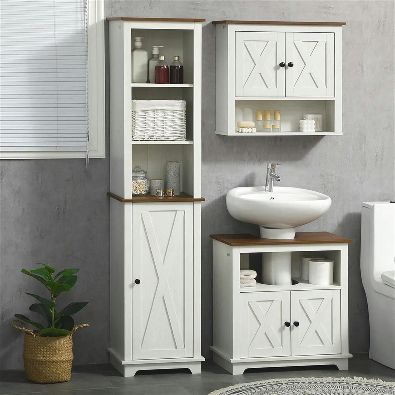 Demi Bonn 63" Tall Bathroom Storage Cabinet, Freestanding Cabinet with Door and Open Shelves for Living Room, Kitchen, Dining Room, Office, White