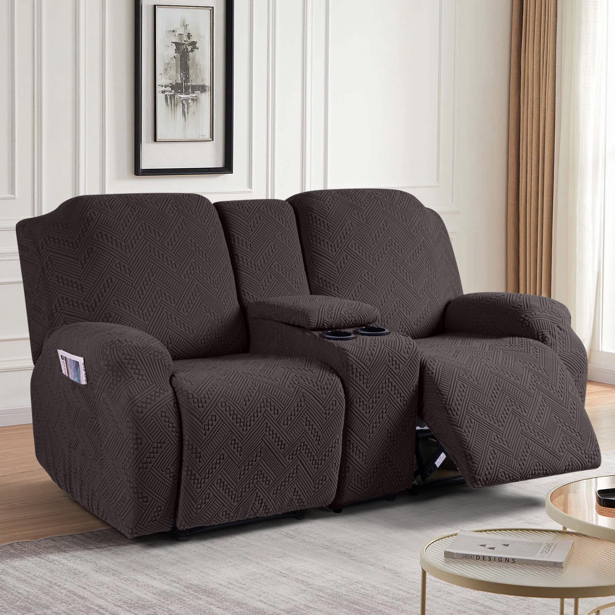 TAOCOCO 4 Pieces Recliner Loveseat Sofa Slipcovers, Stretch Jacquard Reclining Couch Covers with Pockets for 2 Seater Sofa Protector, Chocolate