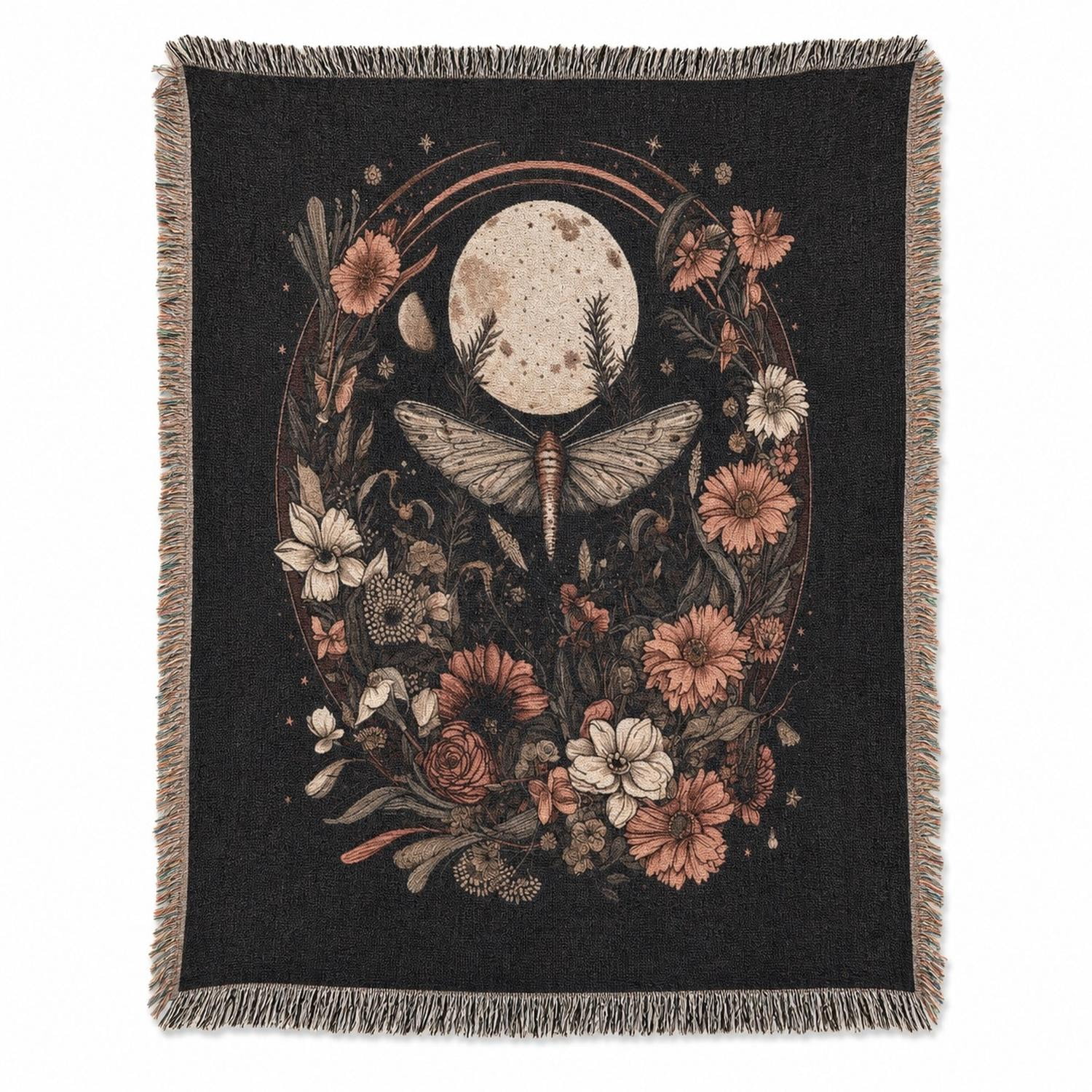 Celestial Moth and Floral Black Woven Throw Blanket Cotton with Fringed Edges Gothic Botanical Couch and Bed Home Decor