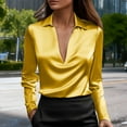 thumbnail image 2 of UTSJKR Women's Satin Silk Blouses Business Casual V Neck Collared Shirts Long Sleeve Solid Elegant Work Office Tops Yellow S, 2 of 9
