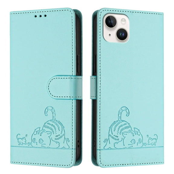 Phone Case for iPhone 15 Plus Wallet Case Cat Pattern PU Leather Case with [RFID Blocking] Card Slots Kickstand Shockproof Magnetic Flip Cover, Mint