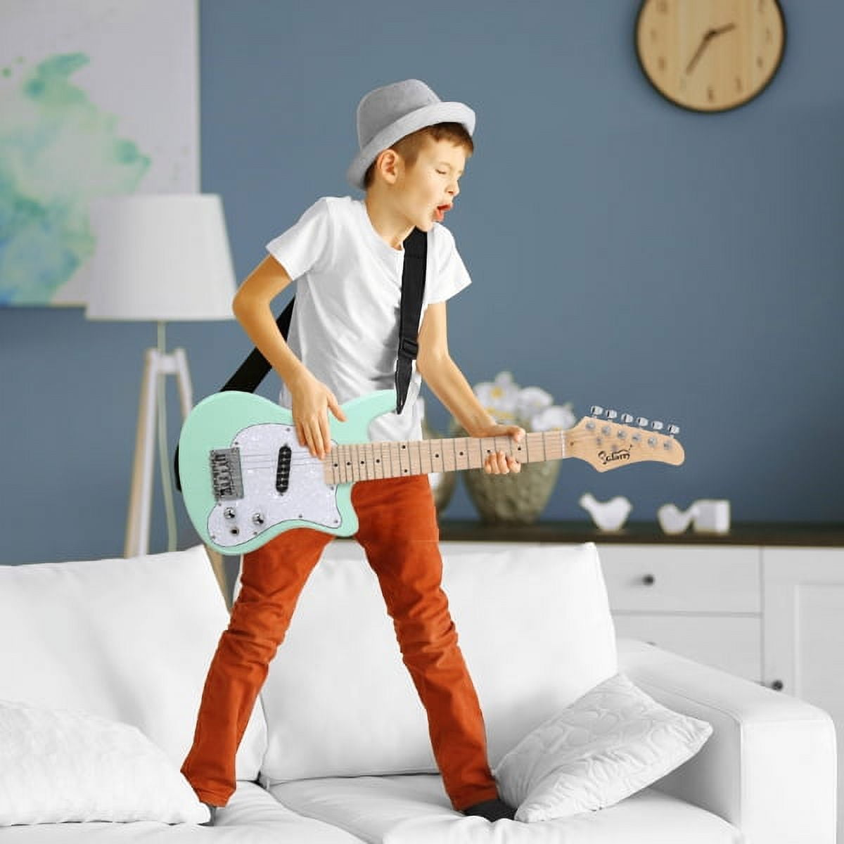 30in Maple Fingerboard Mini Electric Guitar Kit with 5W Amplifier Bag String Shoulder Strap Plectrum Cord Wrench Tool Light Green