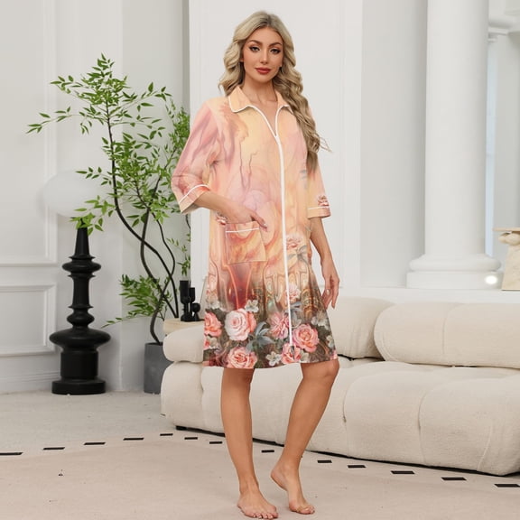 BOMYJESK Zipper Robes for Women 3/4 Sleeve Bathrobe Above Knee Zip Front House Coat Lightweight Soft Loungewear with Pockets Pink XXL