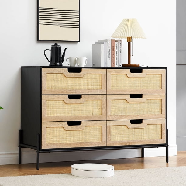 Estilizado para 6-cajón chest con wicker pattern in negra y oak (pb) para dormitorio, sala de estar, o oficina