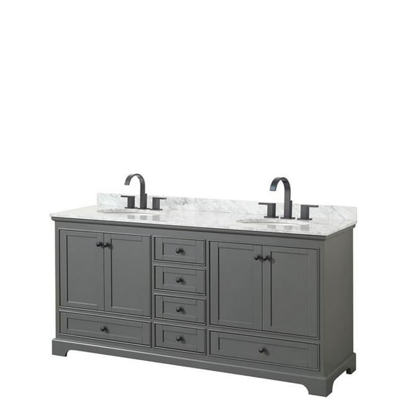 72 in. Deborah Dark Gray Double Bathroom Vanity with White Carrara Marble Countertop, Undermount Oval Sinks & Matte Black Trim