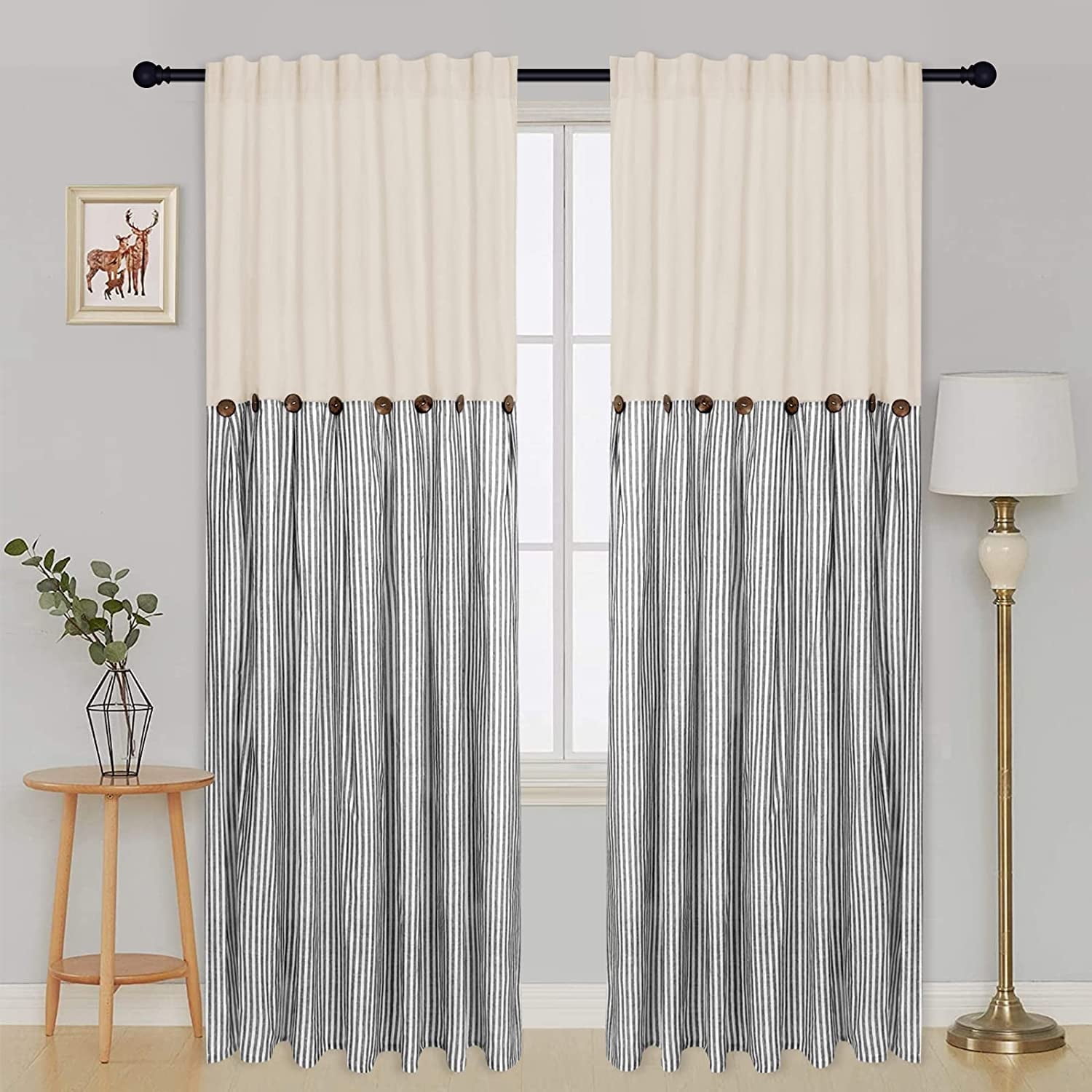Alishomtll Farmhouse Curtains Natural Grey Stripe Cotton Linen Button Boho Rustic Rod Pocket Back Tab Window Drapes for Living Room ,52 x 84 Inch, 2 Panels