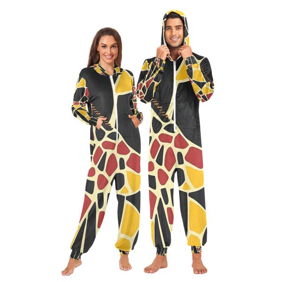 Giraffe Color Blocks Adult Onesie Pajamas Slim Fit Christmas One Piece Suit Pjs for Women and Men Hooded Zipper