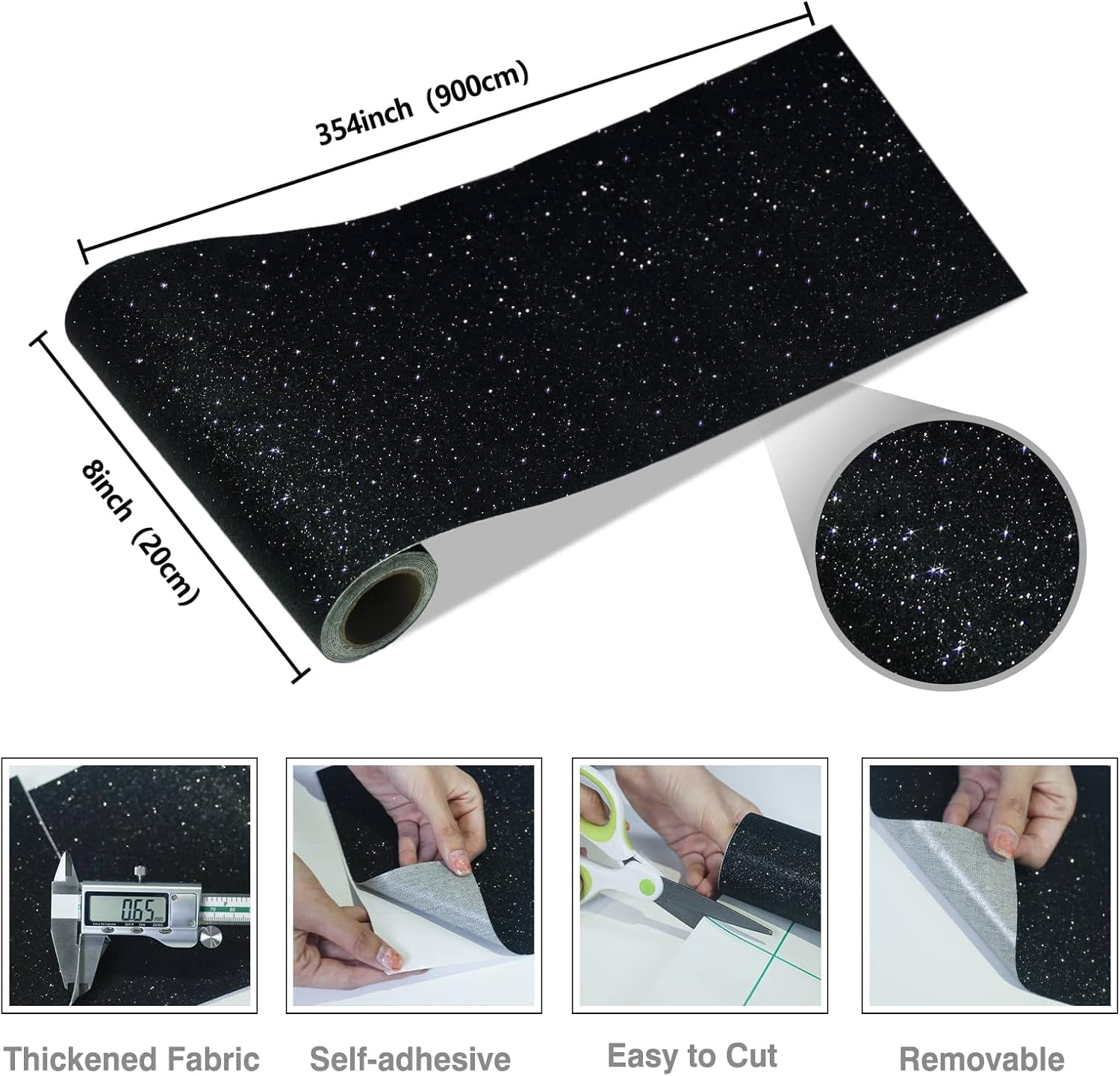 Glitter Wallpaper Border Sparkle Peel and Stick Wallpaper Fabric Glitter Wall Border Trim Self Adhesive Removable Decorative Black Contact Paper for Walls Bulletin Board 8"x354"