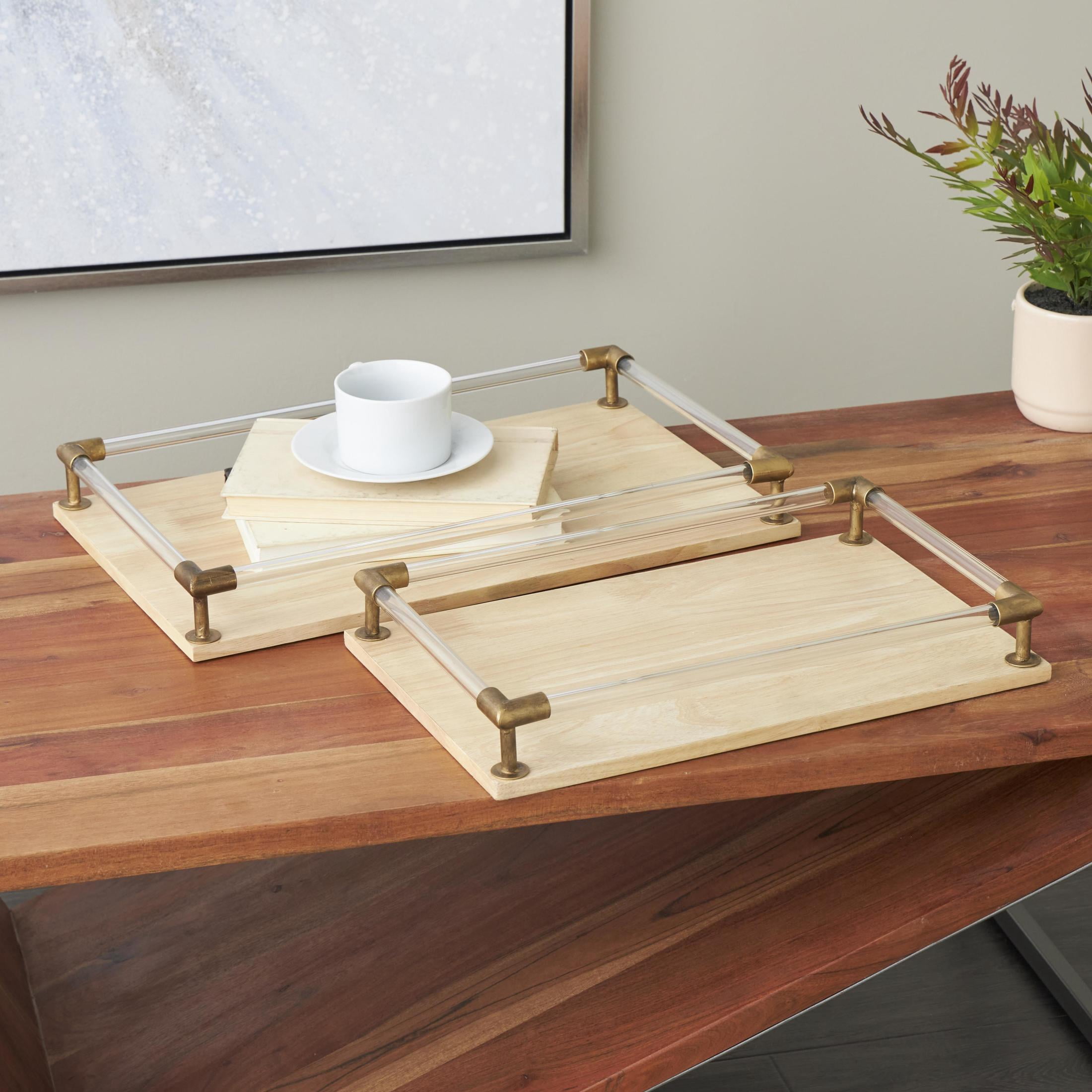 DecMode 19", 17"W Light Brown Mango Wood  Tray with Copper Metal Edges and Acrylic Sides, 2-Pieces