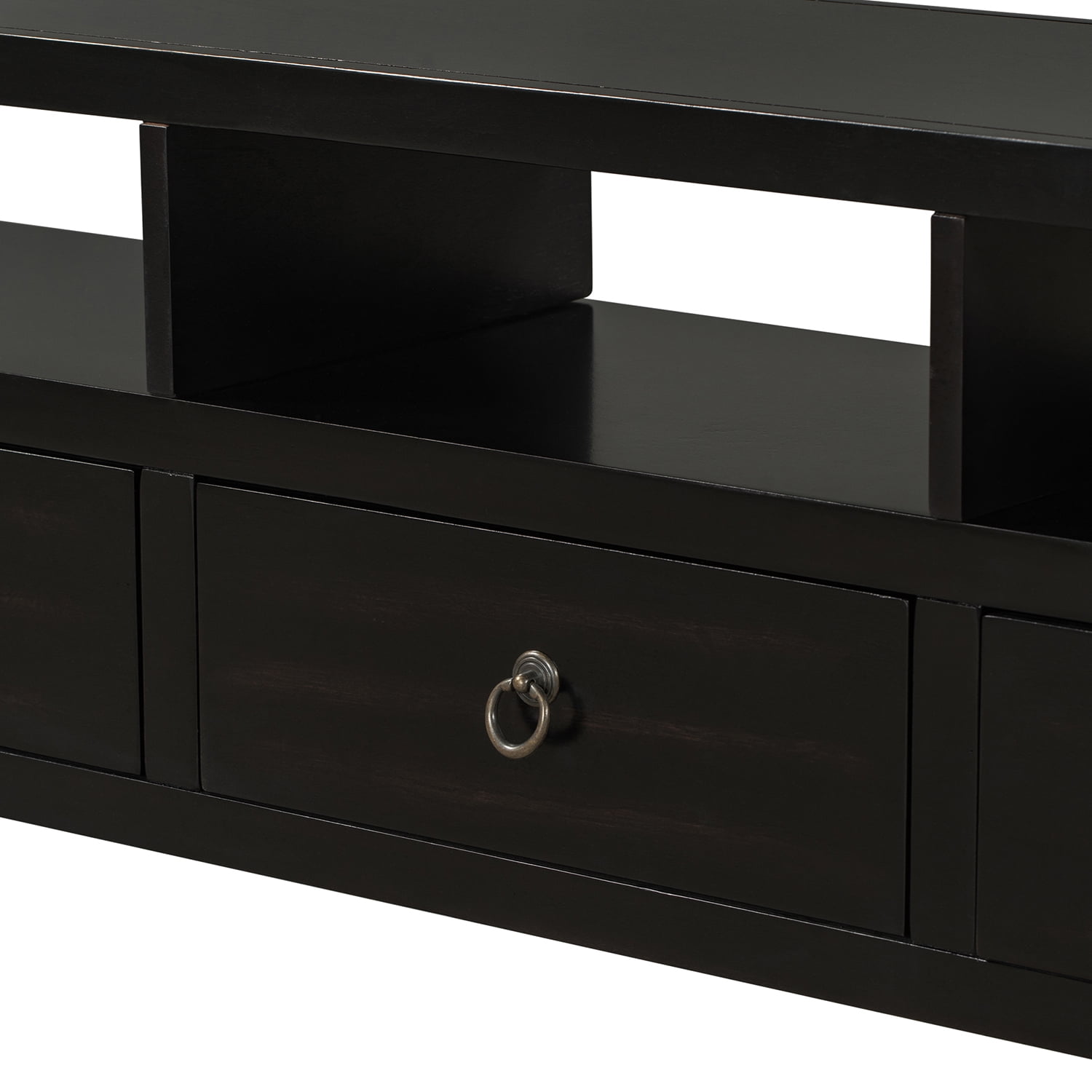 Kadyn Solid Wood Console Table, Sofa Console Table with Three Drawers and Double-Storey Tabletop, Classic Accent Table for Living Room, Distressed Black Kadyn Solid Wood Console Table, Sofa Console Table with Three Drawers and Double-Storey Tabletop, Classic Accent Table for Living Room, Distressed Black