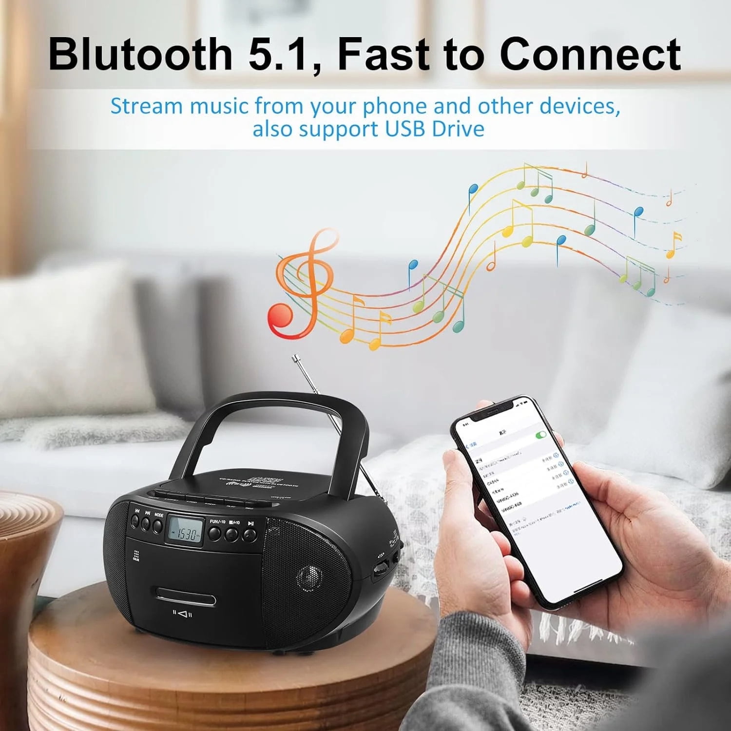 Amazup CD Player, CD Cassette Player Combo with Bluetooth, AM/FM Radio,Stereo Sound with Remote Control,AUX/USB Drive,Tape Recording,AC/DC Powered,Headphone Jack for Home,Senior,Child