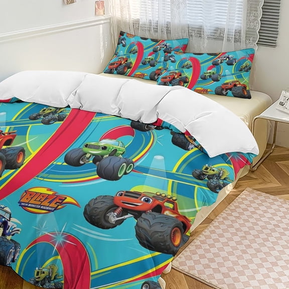 Blaze And The Monster Machines Duvet Cover Bedding Set Cartoon Print Soft Quilt Cover 3 Pieces, 1 Comforter Cover & 2 Pillowcases for Kids Teens Boys Girls Room Decor 86"x70"