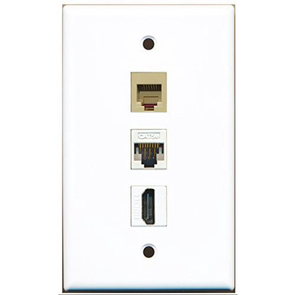 RiteAV - 1 Port HDMI and 1 Port Phone RJ11 RJ12 Beige and 1 Port Cat5e Ethernet White Wall Plate