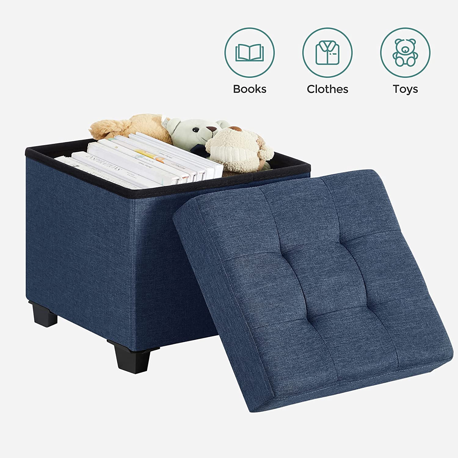 SONGMICS Storage Ottoman, 15" Padded Folding Bench, Chest with Lid, Navy Blue