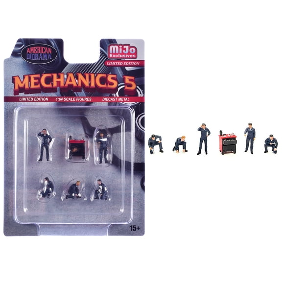 "Mechanics #5" 6 piece Diecast Figure Set (5 Figures, 1 Tool Cabinet) Limited Edition for 1/64 Scale Models by American Diorama