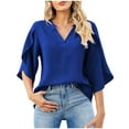 thumbnail image 2 of ALLLIST Womens Tops Loose Fit V-Neck 3/4 Sleeve Blouses Plain Ruffle Blue Shirts Tops for Ladies, 2 of 7
