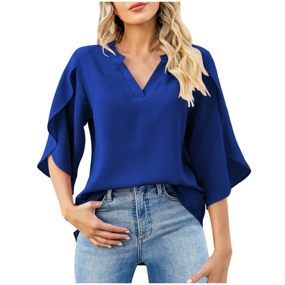 ZQUUVOU Women's Short Sleeve V-Neck Outwear Solid Color Fashion Blouse T-Shirt Casual Blue