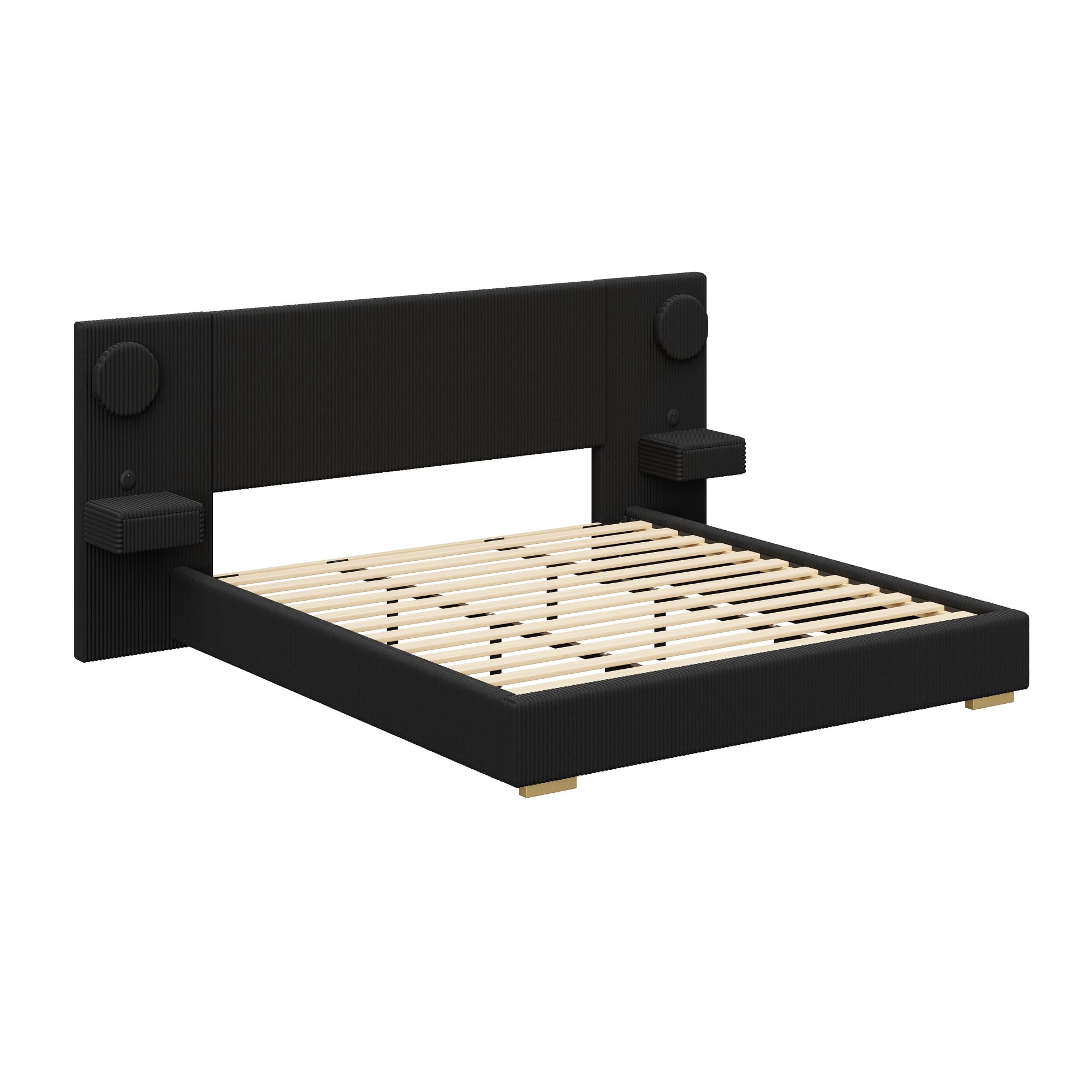 Euroco Upholstery King Size Platform Bed with LED Light and Drawers, High Headboard Design with Bedside Tables and USB Ports, No Box Spring Needed, Black