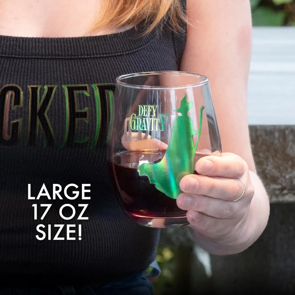 SCS Direct Wicked For Good Stemless Wine Glasses Set of 4, 18oz - Officially Licensed Movie Merchandise- Glinda Popular & Elphaba Defy Gravity Designs - Broadway Theater Gift For Adults, Women, Men