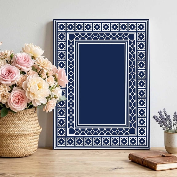 Navy Blue Canvas Wall Art for Living Room, Boho Diamond Pattern Border Rustic Southwestern Wall Decor Framed Artwork Pictures Ready to Hang for Bedroom Office Home Decor 16x24 Inch