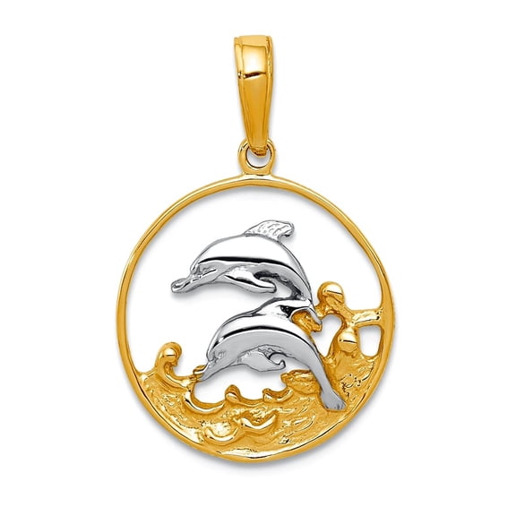 10k Gold Double Dolphins In Circle Two-color Charm 22mm long Pendant Necklace for Women - 1.1 Grams