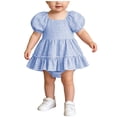 thumbnail image 4 of Fesfesfes Baby Toddler Girls Plaid Puff Sleeve Romper Dress with Bow Headband, Cute Summer Short Sleeve Onesie Bodysuit Outfit for Daily Wear Kids 0-18 Months Old., 4 of 9