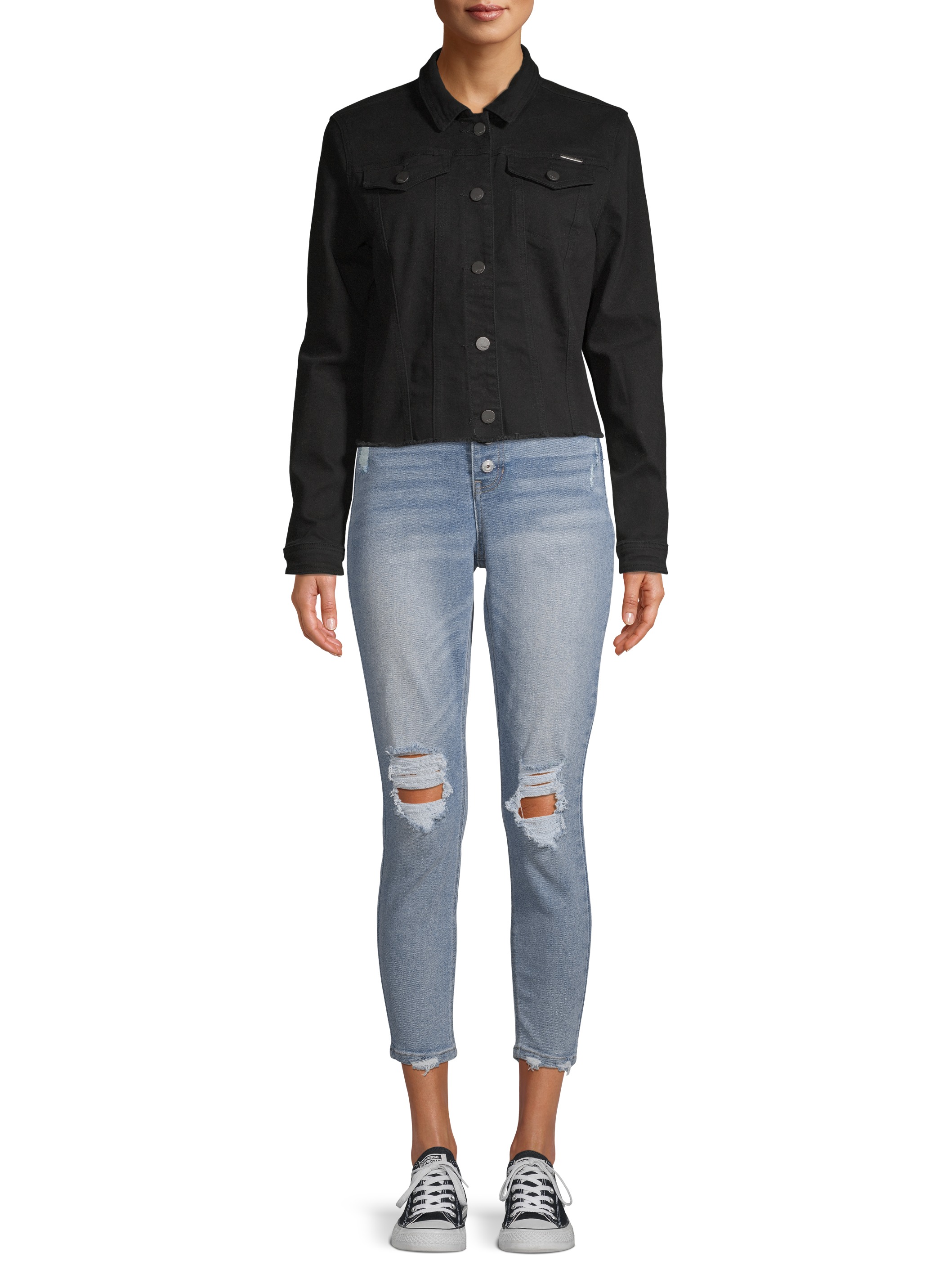 Juniors' Frayed Hem Trucker Jacket 