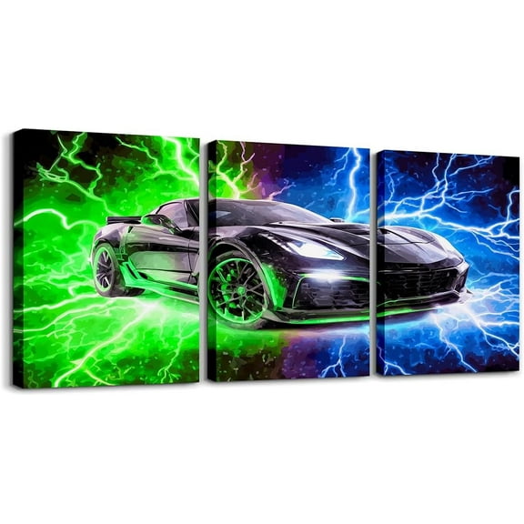 Hieng Race Car Canvas Wall Art for Living Room Bedroom Red Blue Picture Wall Decor for Bathroom Speed Sports Car Kids Boys Girls Artwork Posters Extreme Sports Painting（Only canvas）