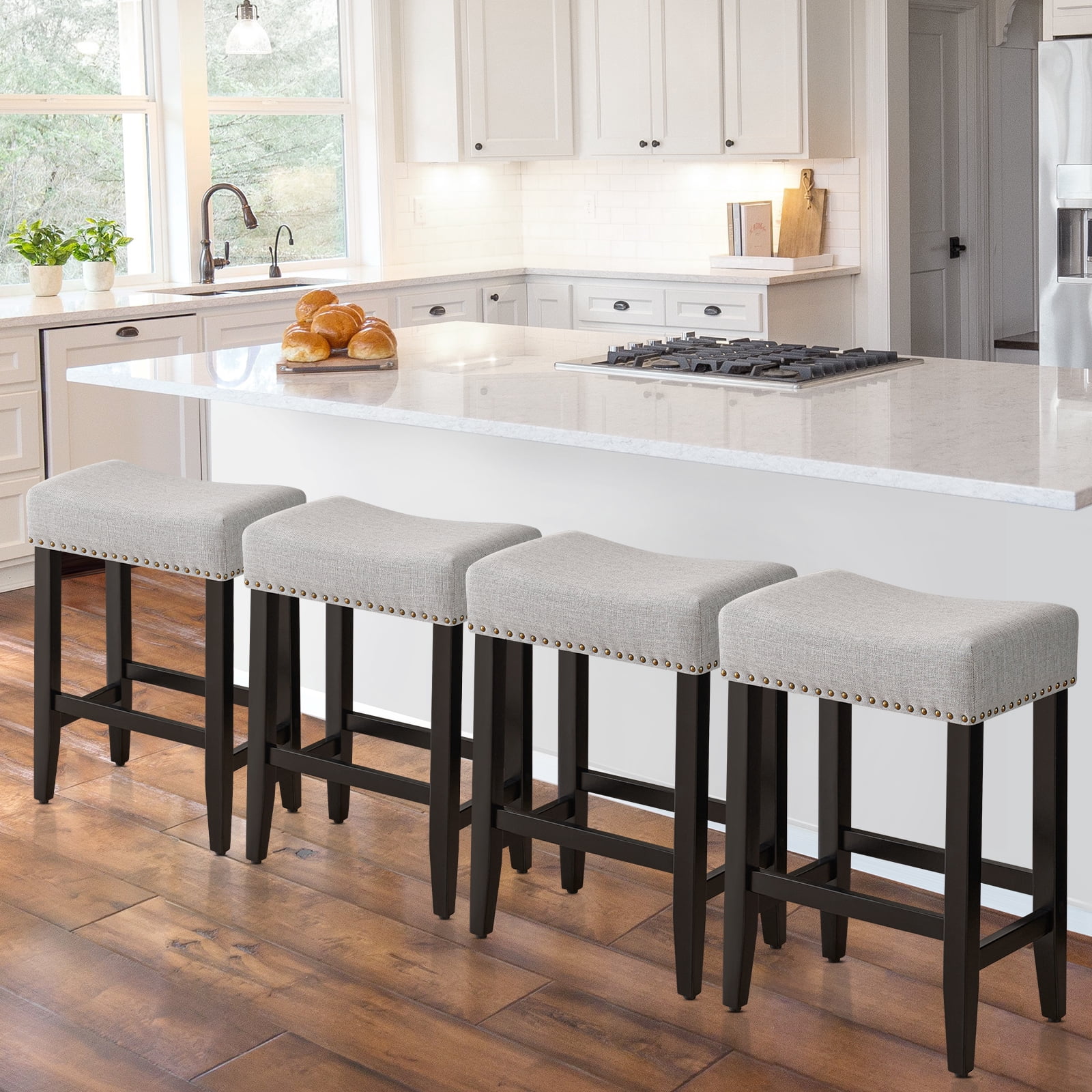 Furniliving 26" Modern Saddle Barstools, Linen Backless Kitchen Counter Bar Stool, Set of 2, Gray