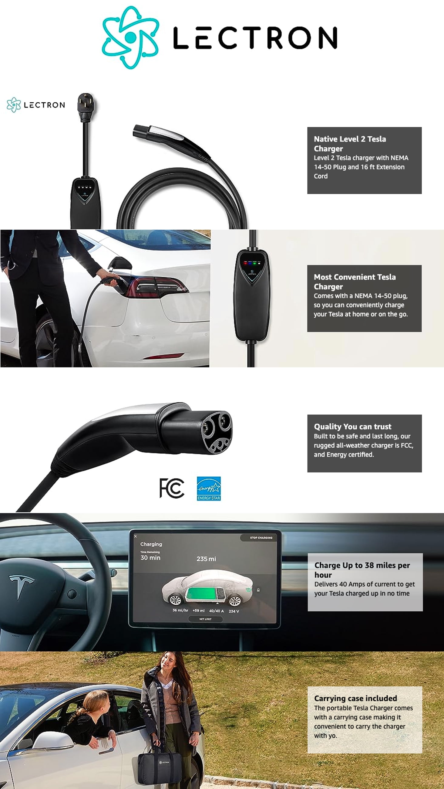 Lectron Level 2 Tesla Charger - 240V, 40 Amp, NEMA 14-50 Plug, 16 ft Extension Cord - Portable Electric Car Charger for Tesla - Compatible with All Tesla Models 3/Y/S/X
