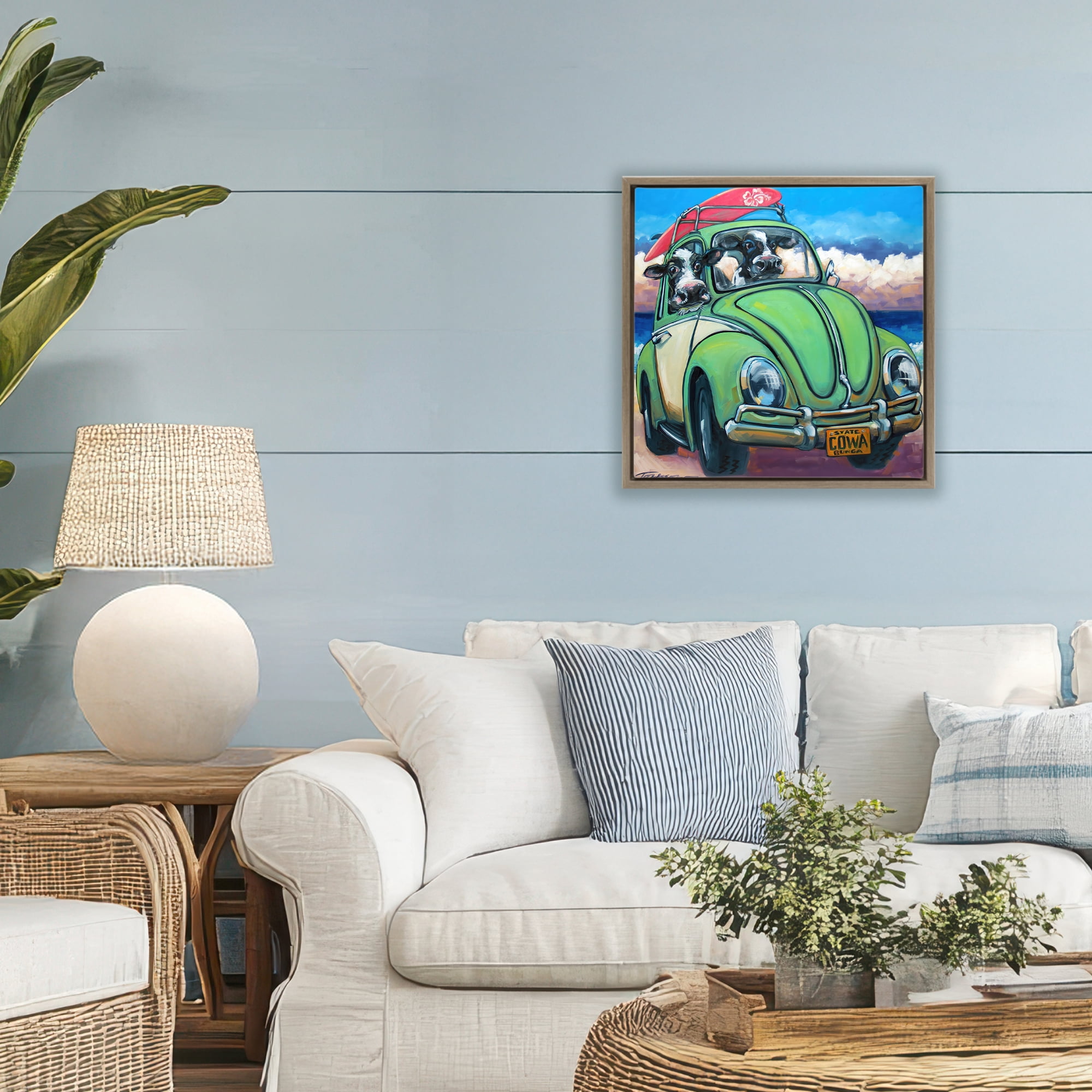 Stupell Industries Cowabunga Surfer Cows Brown Framed Floater Canvas Wall Art, design by CR Townsend